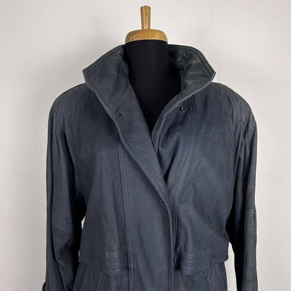 Vintage Genuine Leather Trench Coat, Slate-Gray-Blue - Picture 14 of 16